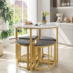 Ensemble table avec 4 chaises, plateau ronde en MDF, cadre en fer plaqué or, chaise en velours, D80x75cm+D33x46cm, gris