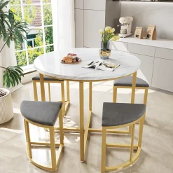 Ensemble table avec 4 chaises, plateau ronde en MDF, cadre en fer plaqué or, chaise en velours, D80x75cm+D33x46cm, gris