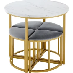 Ensemble table avec 4 chaises, plateau ronde en MDF, cadre en fer plaqué or, chaise en velours, D80x75cm+D33x46cm, gris