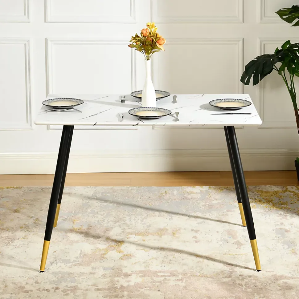 Ensemble table blanche effet marbre et 4 chaises scandinaves blanches cassées