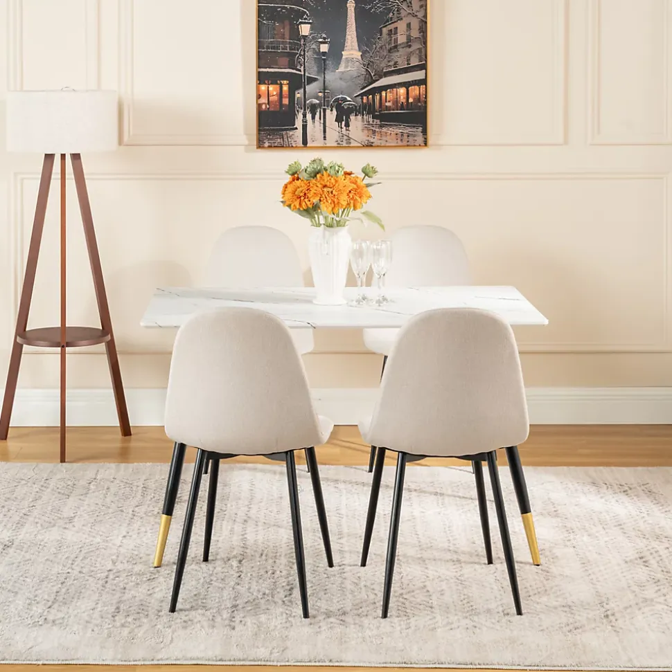 Ensemble table blanche effet marbre et 4 chaises scandinaves blanches cassées