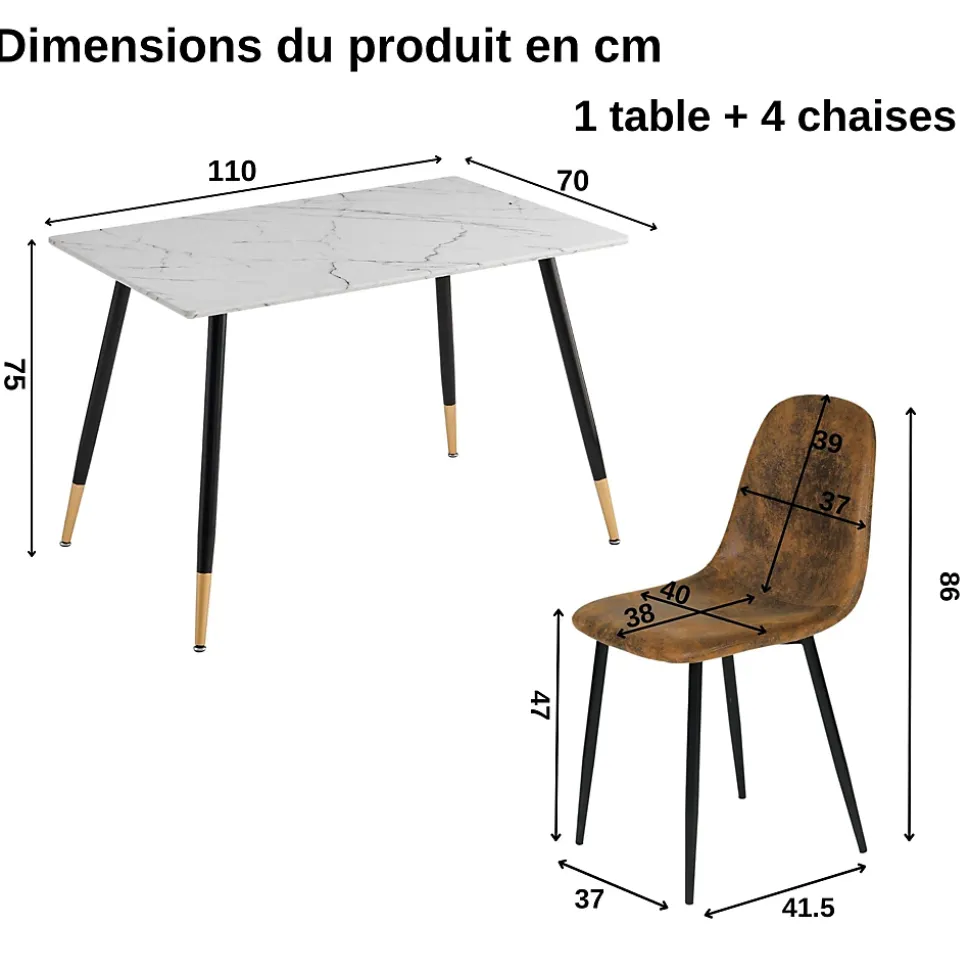 Ensemble table blanche effet marbre et 4 chaises scandinaves blanches cassées