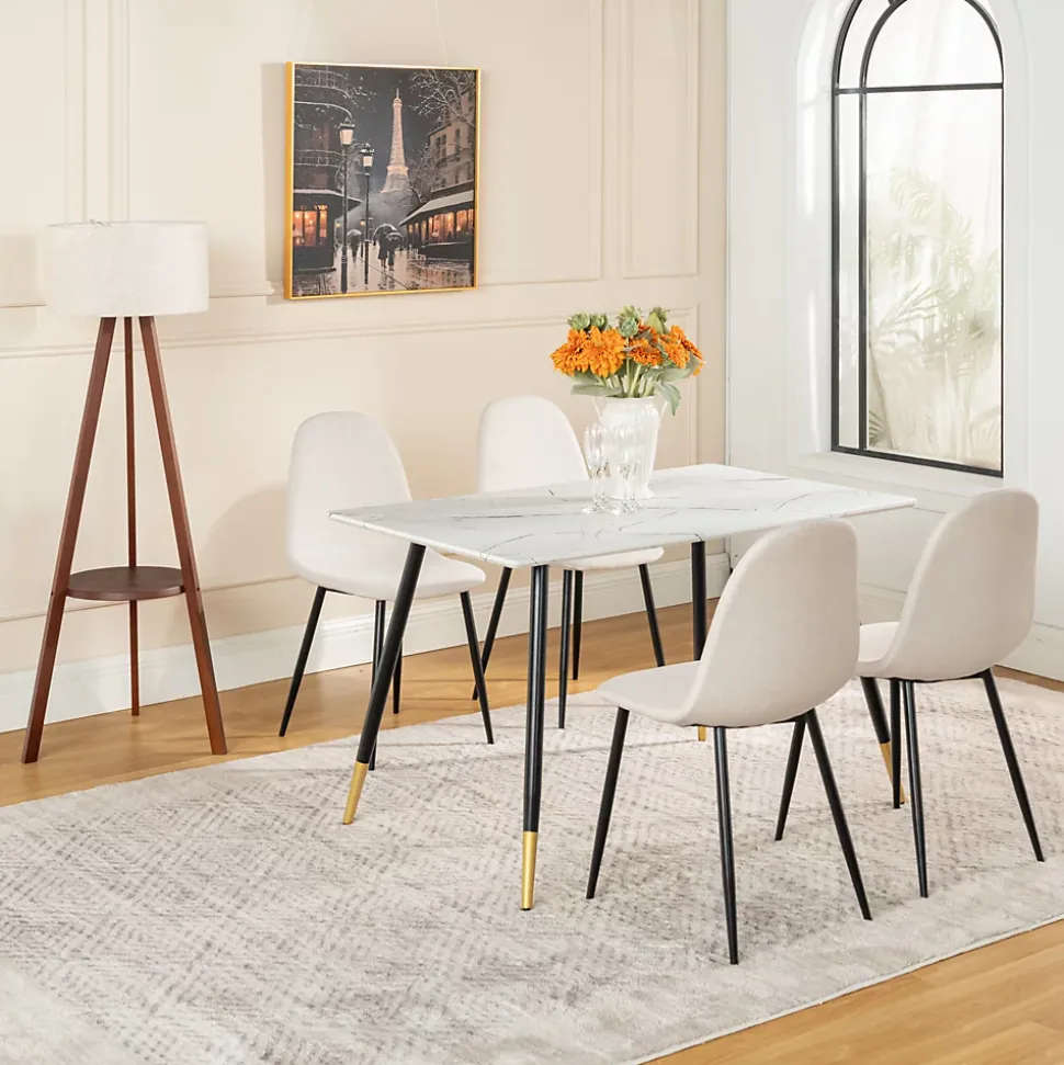 Ensemble table blanche effet marbre et 4 chaises scandinaves blanches cassées