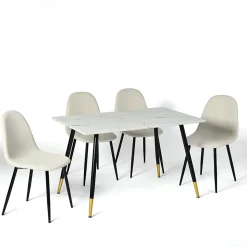 Ensemble table blanche effet marbre et 4 chaises scandinaves blanches cassées