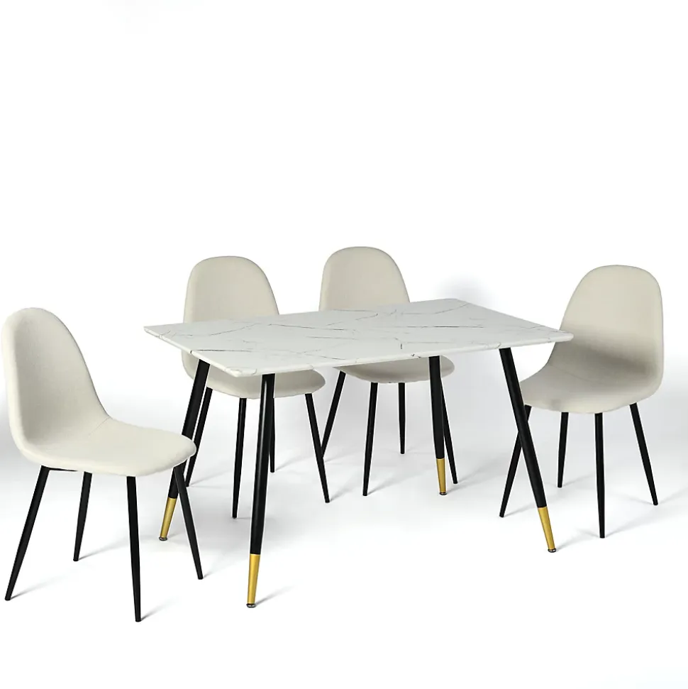 Ensemble table blanche effet marbre et 4 chaises scandinaves blanches cassées