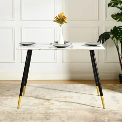 Ensemble table blanche effet marbre et 4 chaises scandinaves rétros