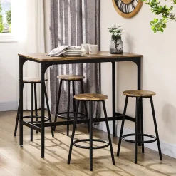 Ensemble table de bar 4 tabourets style industriel métal noir aspect bois vieilli