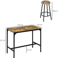 Ensemble table de bar 4 tabourets style industriel métal noir aspect bois vieilli
