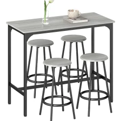 Ensemble table de bar 4 tabourets style industriel métal noir aspect bois gris