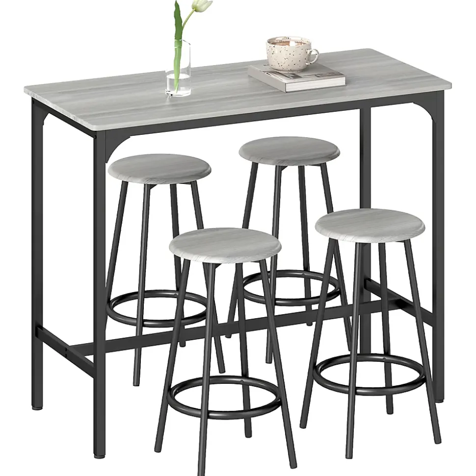 Ensemble table de bar 4 tabourets style industriel métal noir aspect bois gris