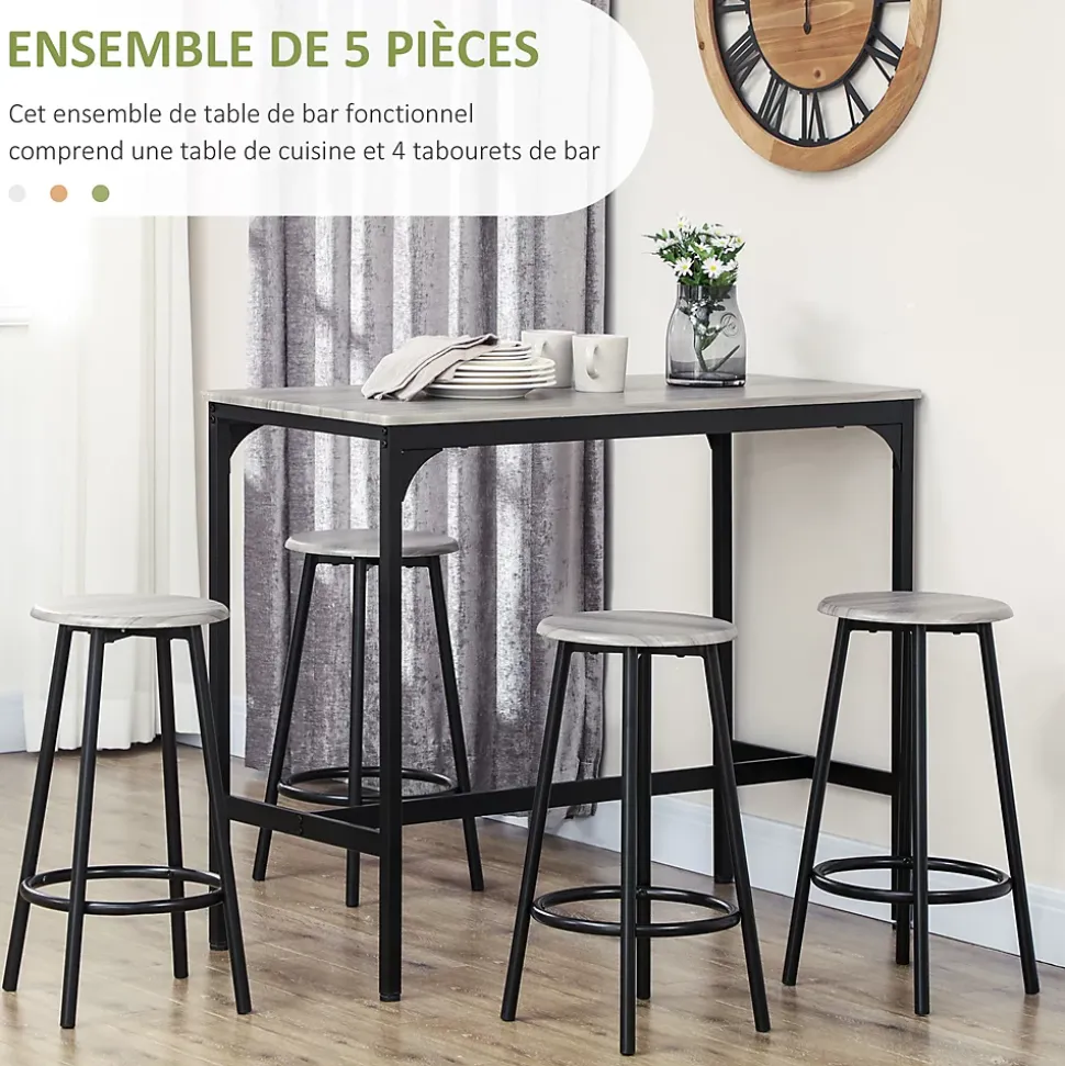 Ensemble table de bar 4 tabourets style industriel métal noir aspect bois gris