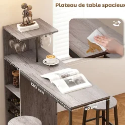 Ensemble table de bar 2 tabourets - étagères, casiers à vin, porte verres - effet bois naturel