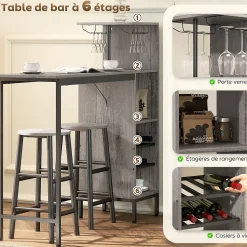 Ensemble table de bar 2 tabourets - étagères, casiers à vin, porte verres - effet bois naturel