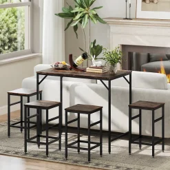 Ensemble table de bar 4 tabourets design industriel métal noir aspect bois