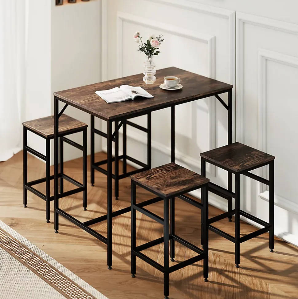 Ensemble table de bar 4 tabourets design industriel métal noir aspect bois