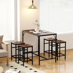 Ensemble table de bar 4 tabourets design industriel métal noir aspect bois