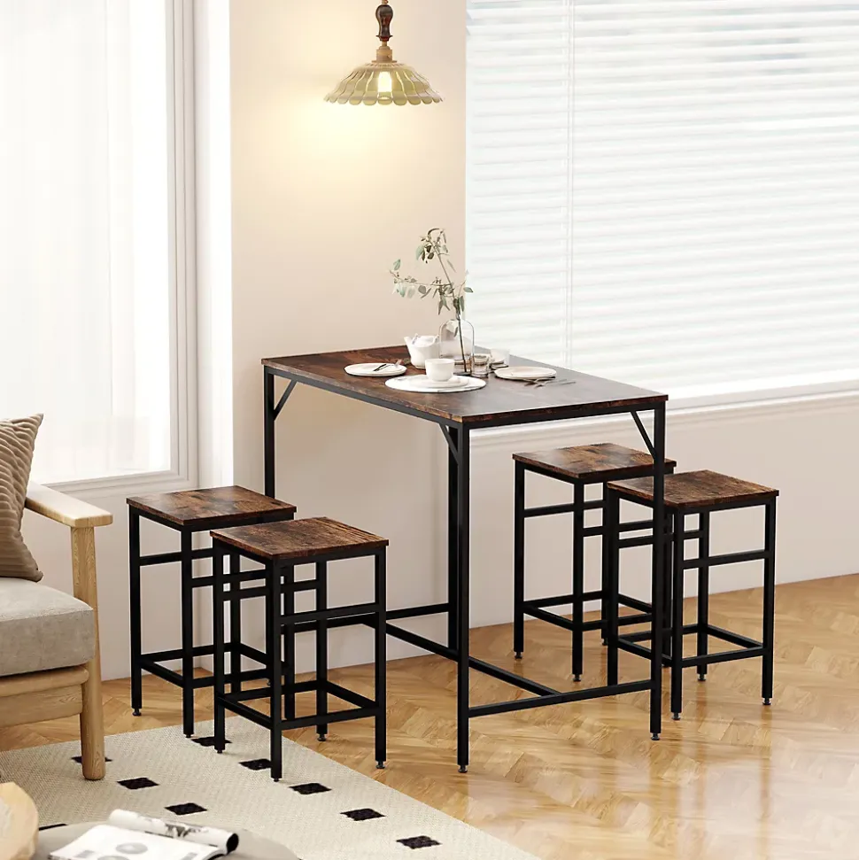 Ensemble table de bar 4 tabourets design industriel métal noir aspect bois