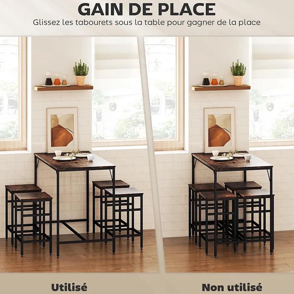 Ensemble table de bar 4 tabourets design industriel métal noir aspect bois