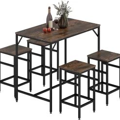 Ensemble table de bar 4 tabourets design industriel métal noir aspect bois