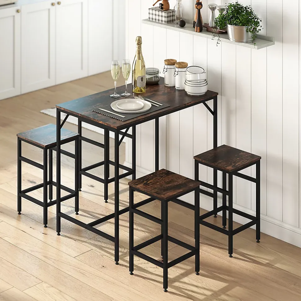 Ensemble table de bar 4 tabourets design industriel métal noir aspect bois