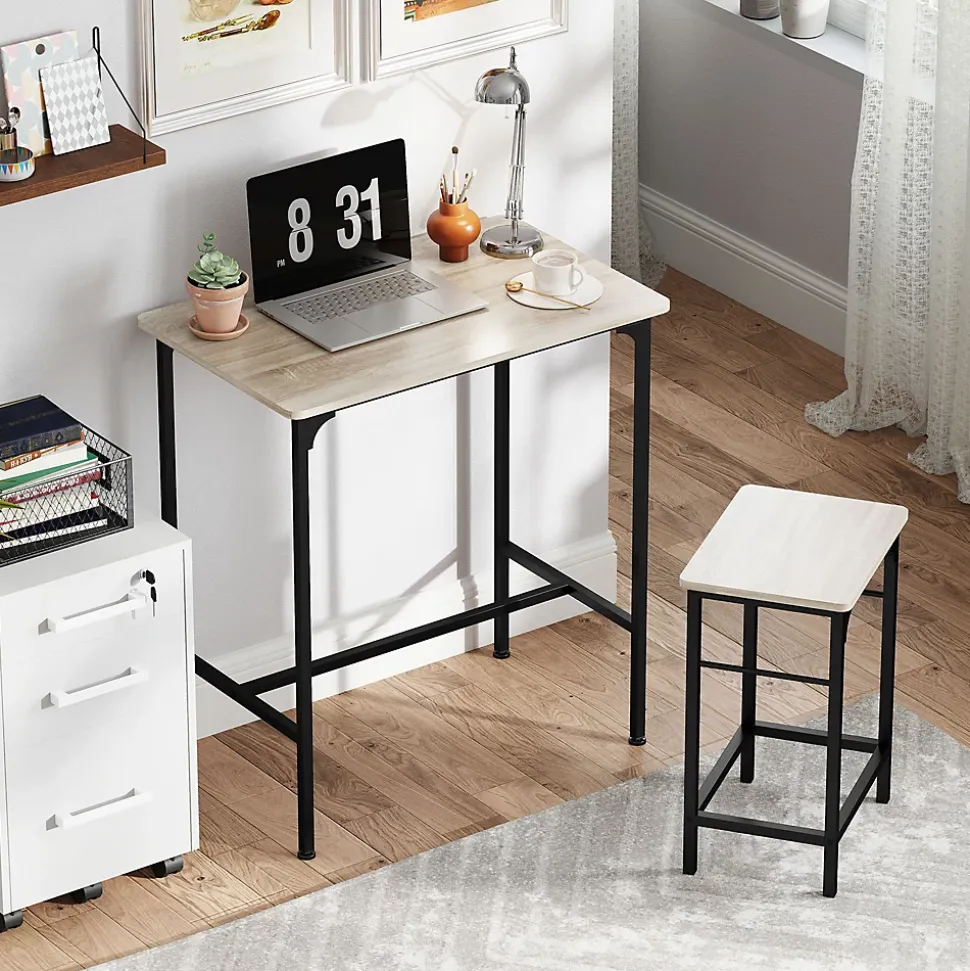 Ensemble table de bar avec 2 tabourets acier noir effet bois de chêne clair