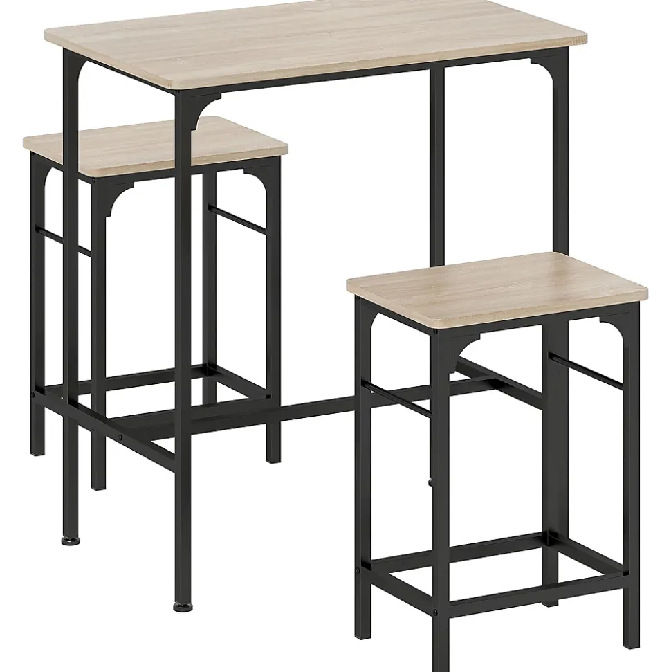 Ensemble table de bar avec 2 tabourets acier noir effet bois de chêne clair