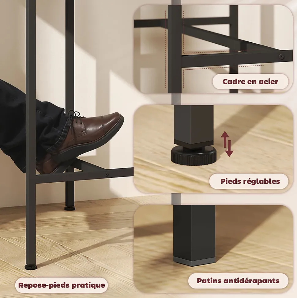 Ensemble table de bar avec 2 tabourets acier noir effet bois de chêne clair