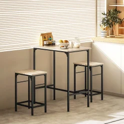Ensemble table de bar avec 2 tabourets acier noir effet bois de chêne clair