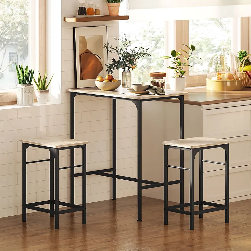 Ensemble table de bar avec 2 tabourets acier noir effet bois de chêne clair