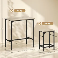 Ensemble table de bar avec 2 tabourets acier noir effet bois de chêne clair