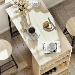 Ensemble table de bar avec 2 tabourets - 3 étagères - acier noir effet bois de chêne clair