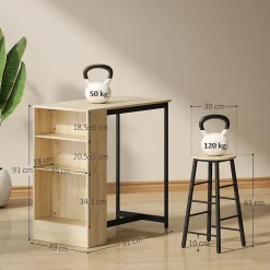 Ensemble table de bar avec 2 tabourets - 3 étagères - acier noir effet bois de chêne clair