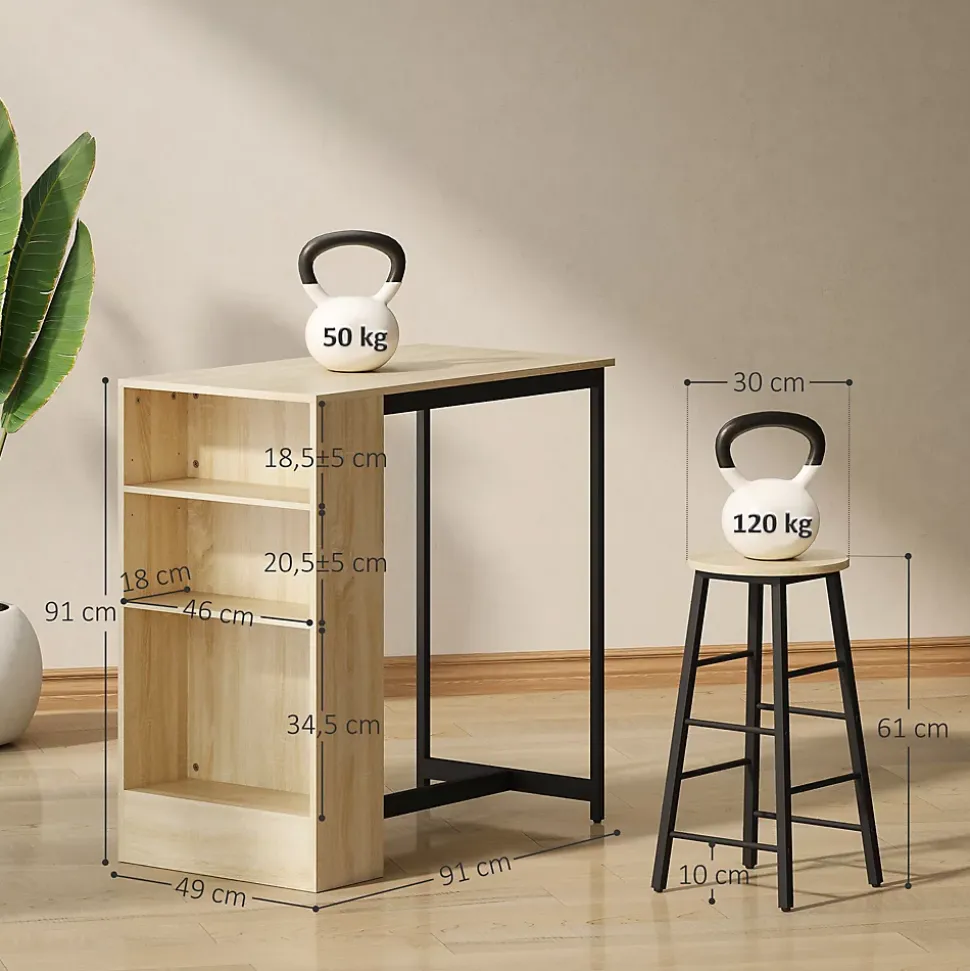 Ensemble table de bar avec 2 tabourets - 3 étagères - acier noir effet bois de chêne clair