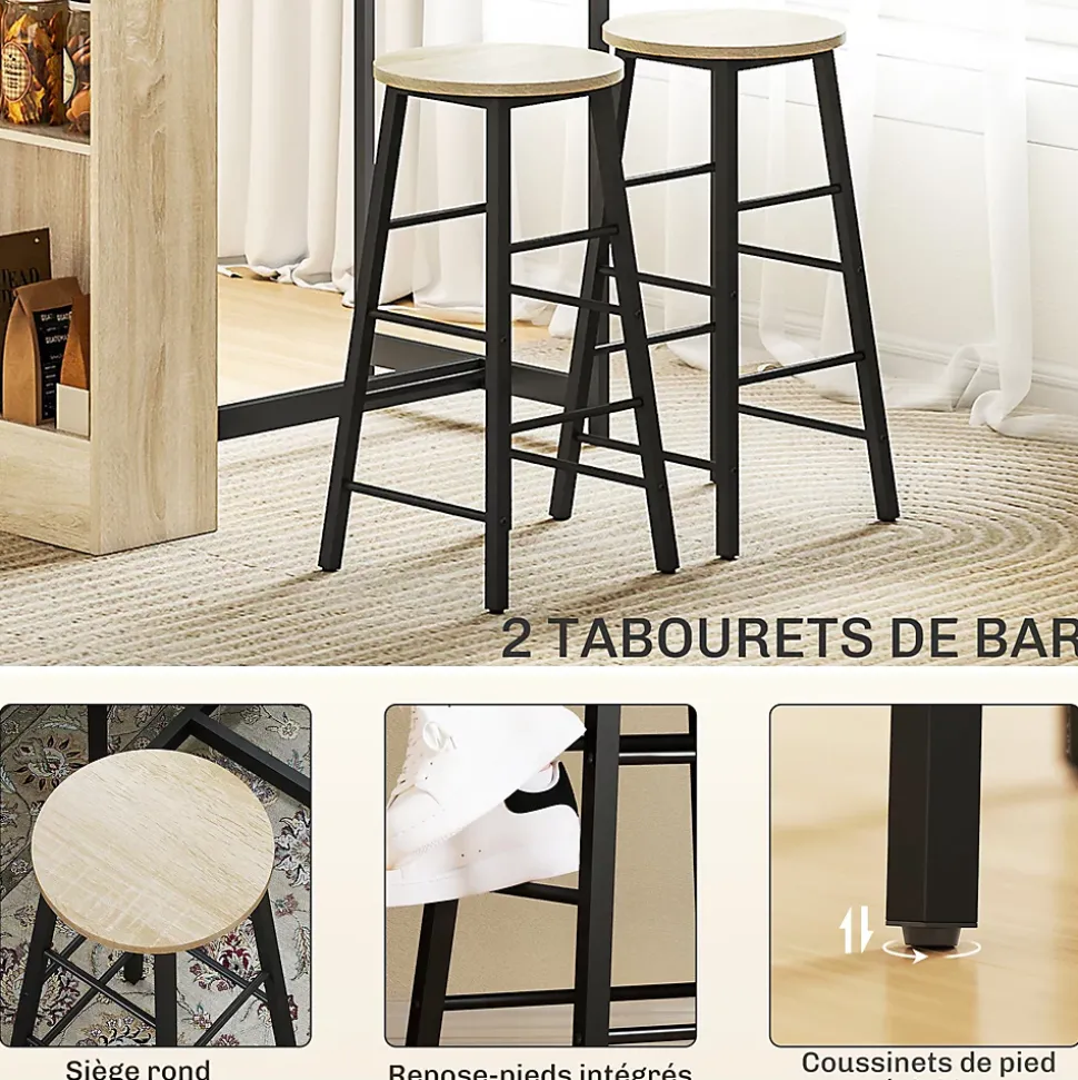 Ensemble table de bar avec 2 tabourets - 3 étagères - acier noir effet bois de chêne clair
