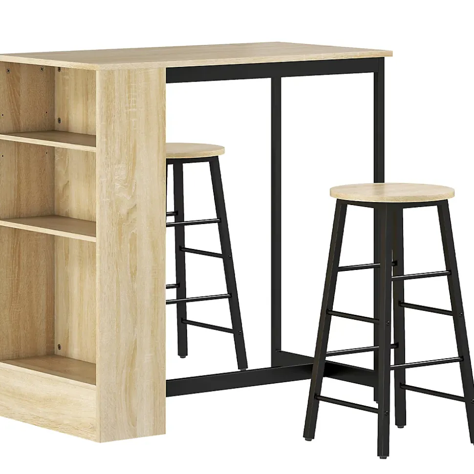 Ensemble table de bar avec 2 tabourets - 3 étagères - acier noir effet bois de chêne clair