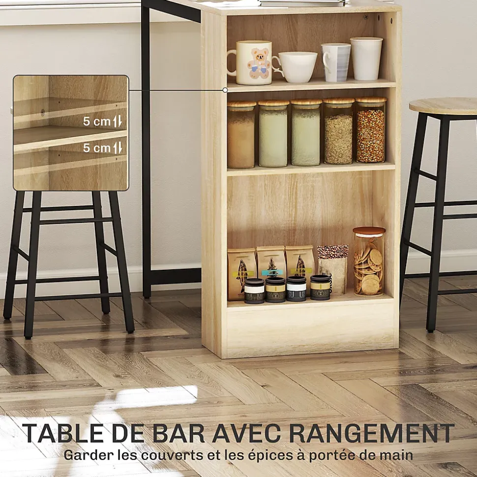 Ensemble table de bar avec 2 tabourets - 3 étagères - acier noir effet bois de chêne clair