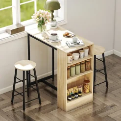 Ensemble table de bar avec 2 tabourets - 3 étagères - acier noir effet bois de chêne clair