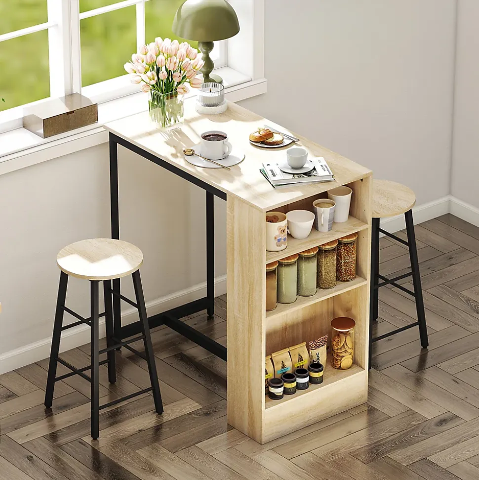 Ensemble table de bar avec 2 tabourets - 3 étagères - acier noir effet bois de chêne clair