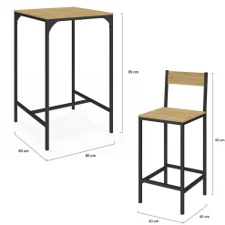 Ensemble table de bar carrée DETROIT 60 cm et 2 chaises de bar design industriel