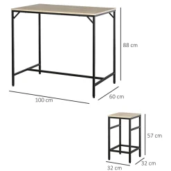 Ensemble table de bar design industriel + 4 tabourets repose-pieds panneaux particules imitation chêne clair métal noir