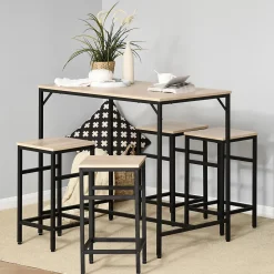 Ensemble table de bar design industriel + 4 tabourets repose-pieds panneaux particules imitation chêne clair métal noir