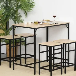 Ensemble table de bar design industriel + 4 tabourets repose-pieds panneaux particules imitation chêne clair métal noir