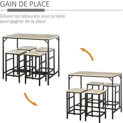 Ensemble table de bar design industriel + 4 tabourets repose-pieds panneaux particules imitation chêne clair métal noir