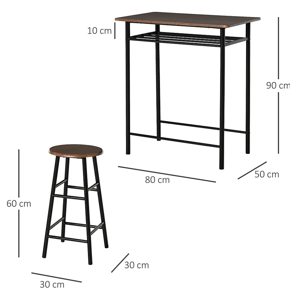 Ensemble table de bar design industriel + 2 tabourets MDF imitation bois noyer métal noir