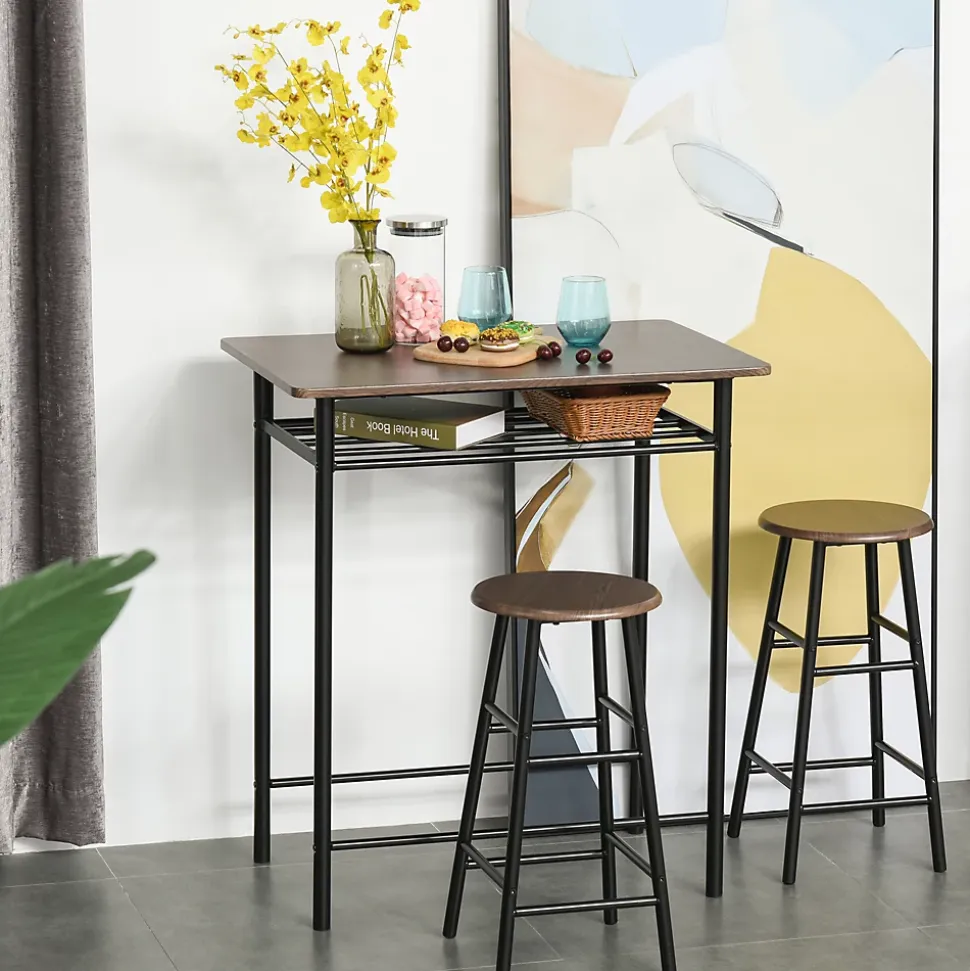 Ensemble table de bar design industriel + 2 tabourets MDF imitation bois noyer métal noir