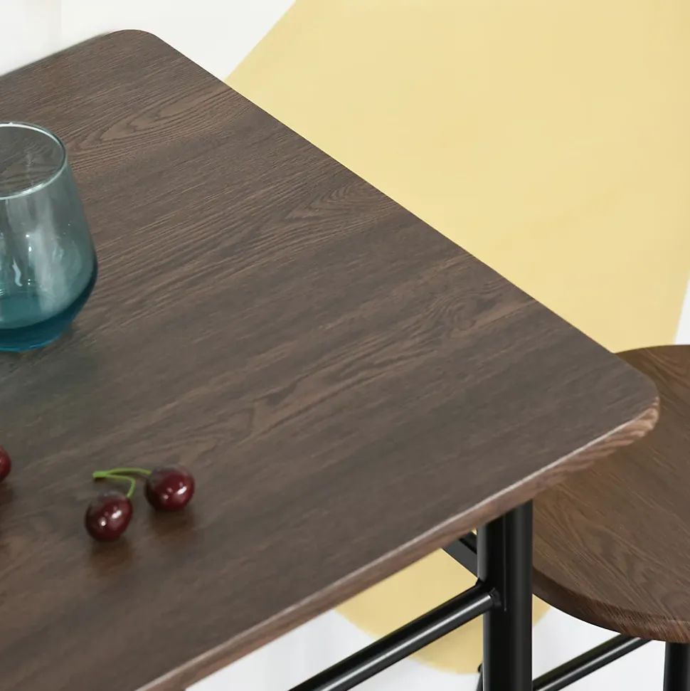 Ensemble table de bar design industriel + 2 tabourets MDF imitation bois noyer métal noir