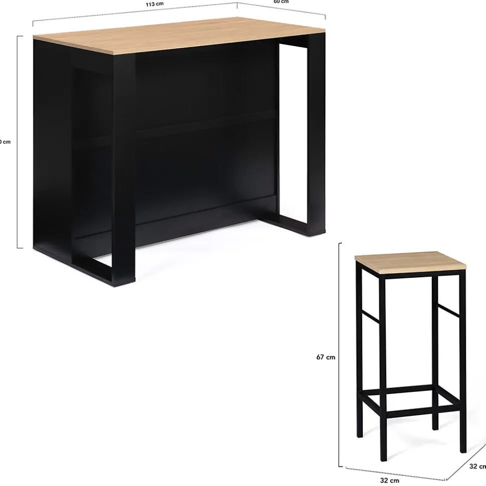 Ensemble table de bar îlot JUNO bois noir avec plateau façon hêtre et 2 tabourets de bar DETROIT