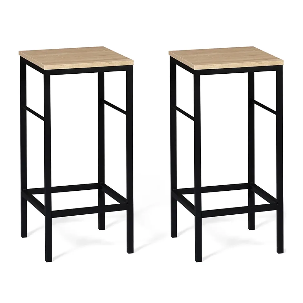 Ensemble table de bar îlot JUNO bois noir avec plateau façon hêtre et 2 tabourets de bar DETROIT