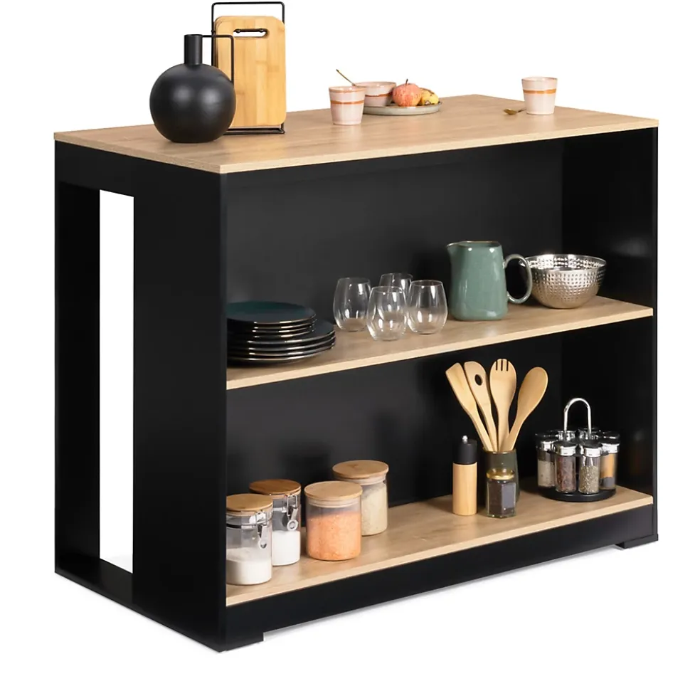 Ensemble table de bar îlot JUNO bois noir avec plateau façon hêtre et 2 tabourets de bar DETROIT