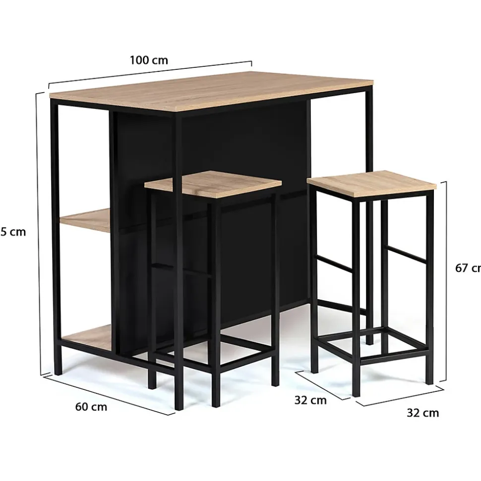 Ensemble table de bar îlot DETROIT et 2 tabourets design industriel